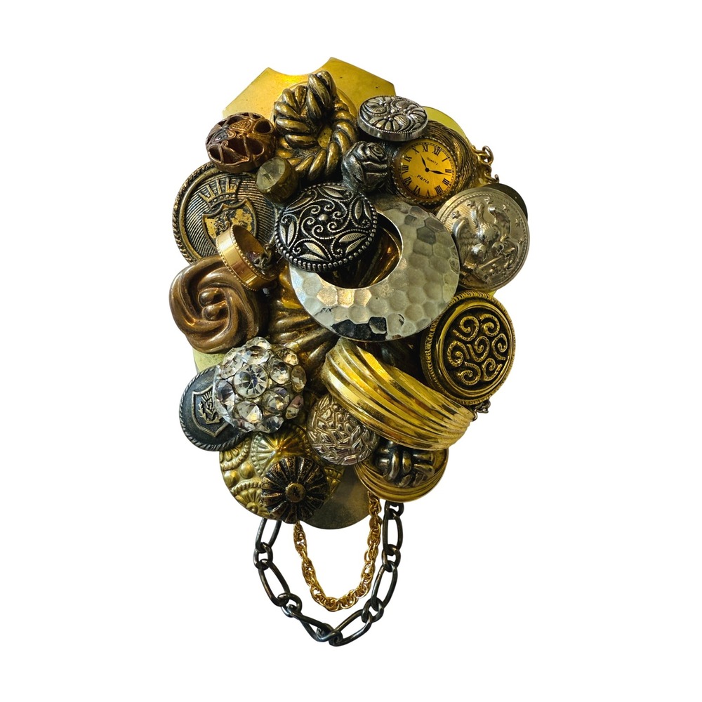 Vintage Handmade Brooch Pin Mixed Media Buttons Rhinestones